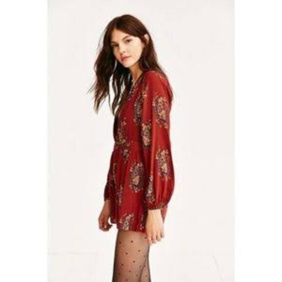 ECOTE Urban Outfitters Charlotte Plunging Romper Size 2 Brown Floral Long-Sleeve - Picture 11 of 11